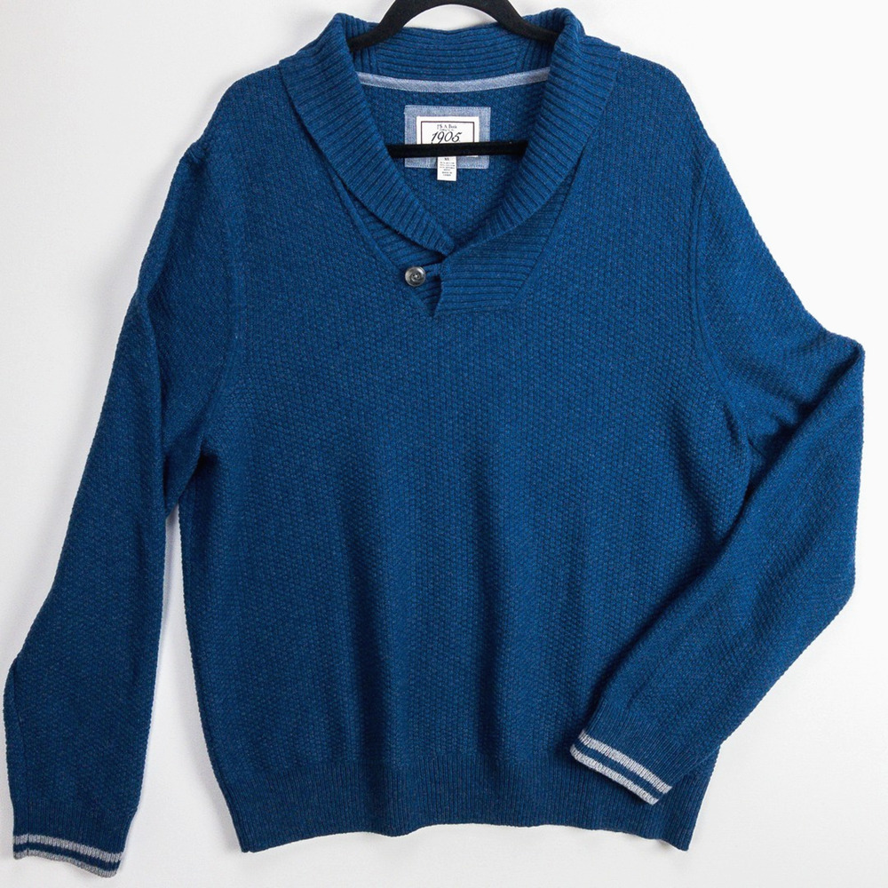 Jos. A. Bank Merino Wool Shawl Collar Sweater Men’s XL Slim Fit Navy Ribbed Knit